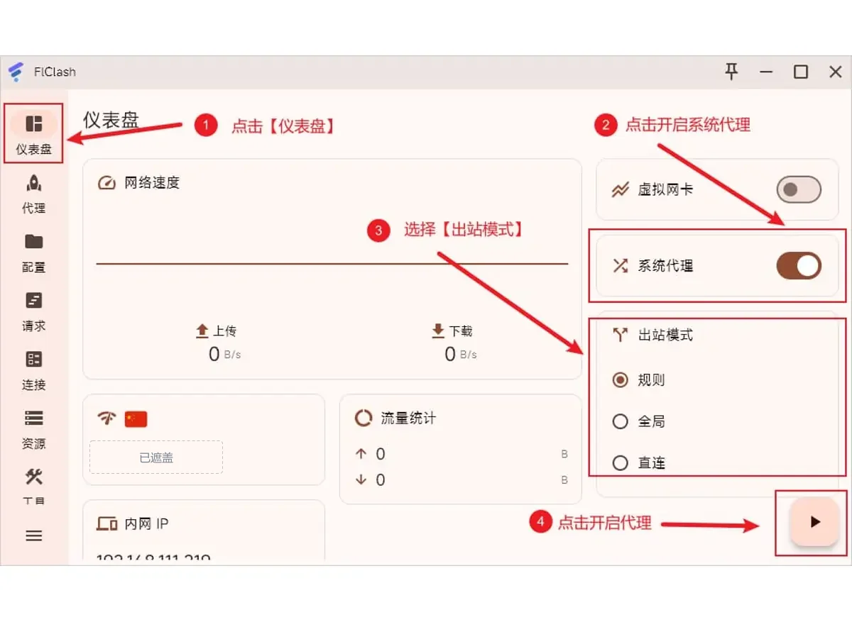 仪表盘上系统代理已打开,出站模式选规则,右下角三角形启动按钮被标出