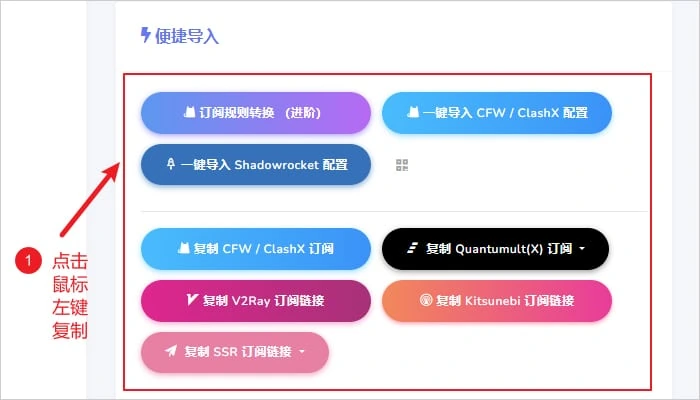 机场用户中心的便捷导入区块,复制 CFW / ClashX 订阅等多个格式按钮并排列出